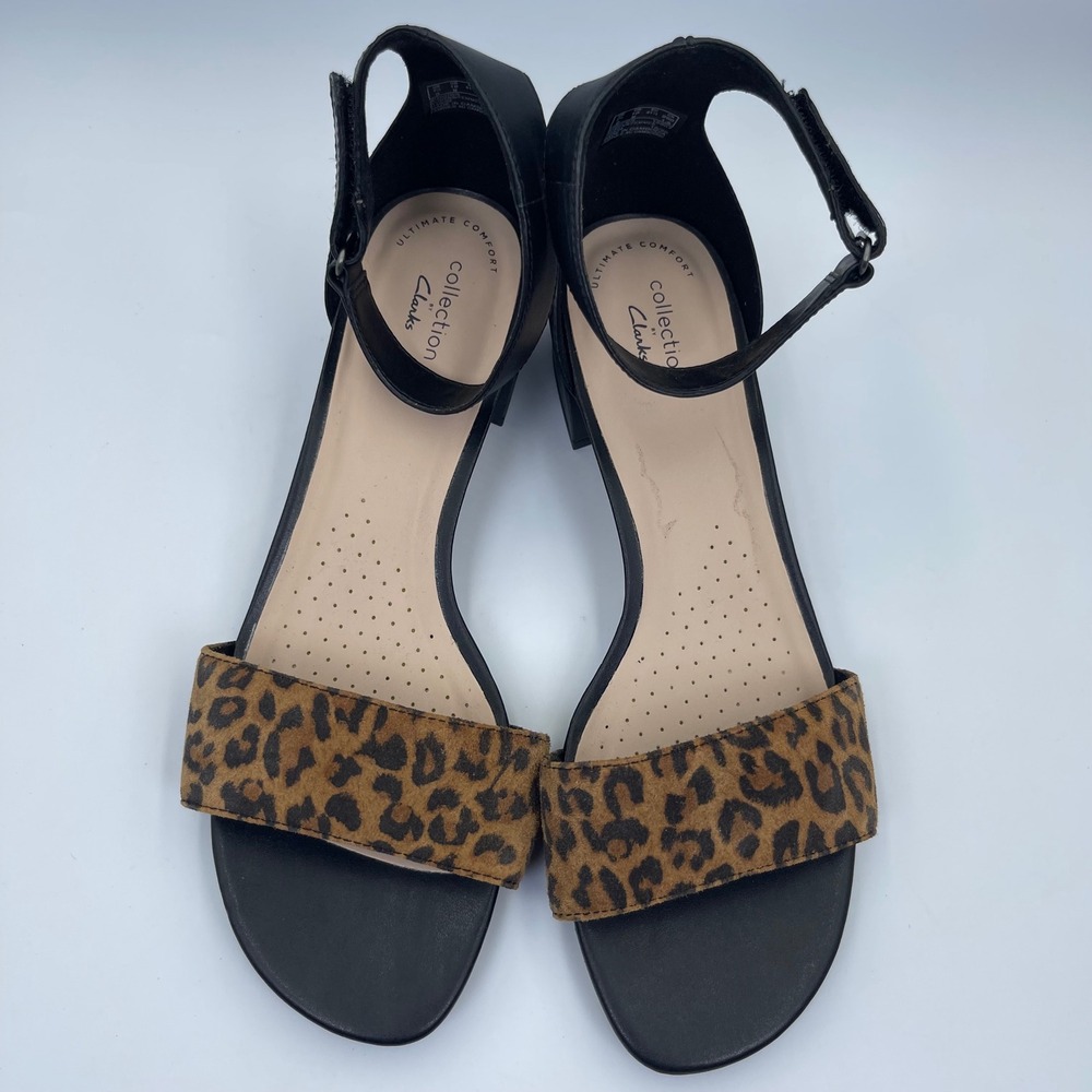 Clarks Collection Sandals Womens 10M Leopard Print Ankle Strap Block Heel Black
